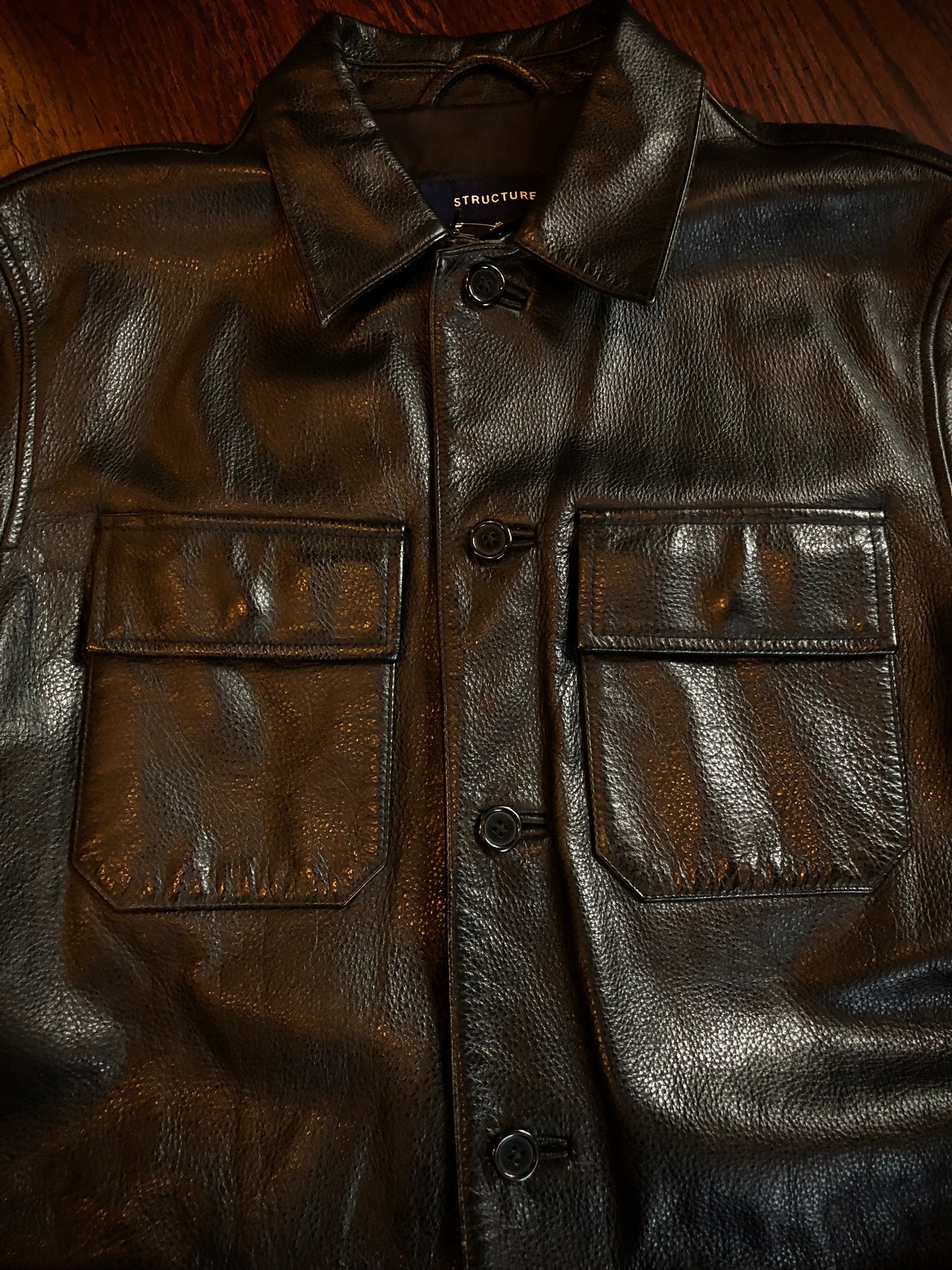 Structure Buttoned Black Leather Coat