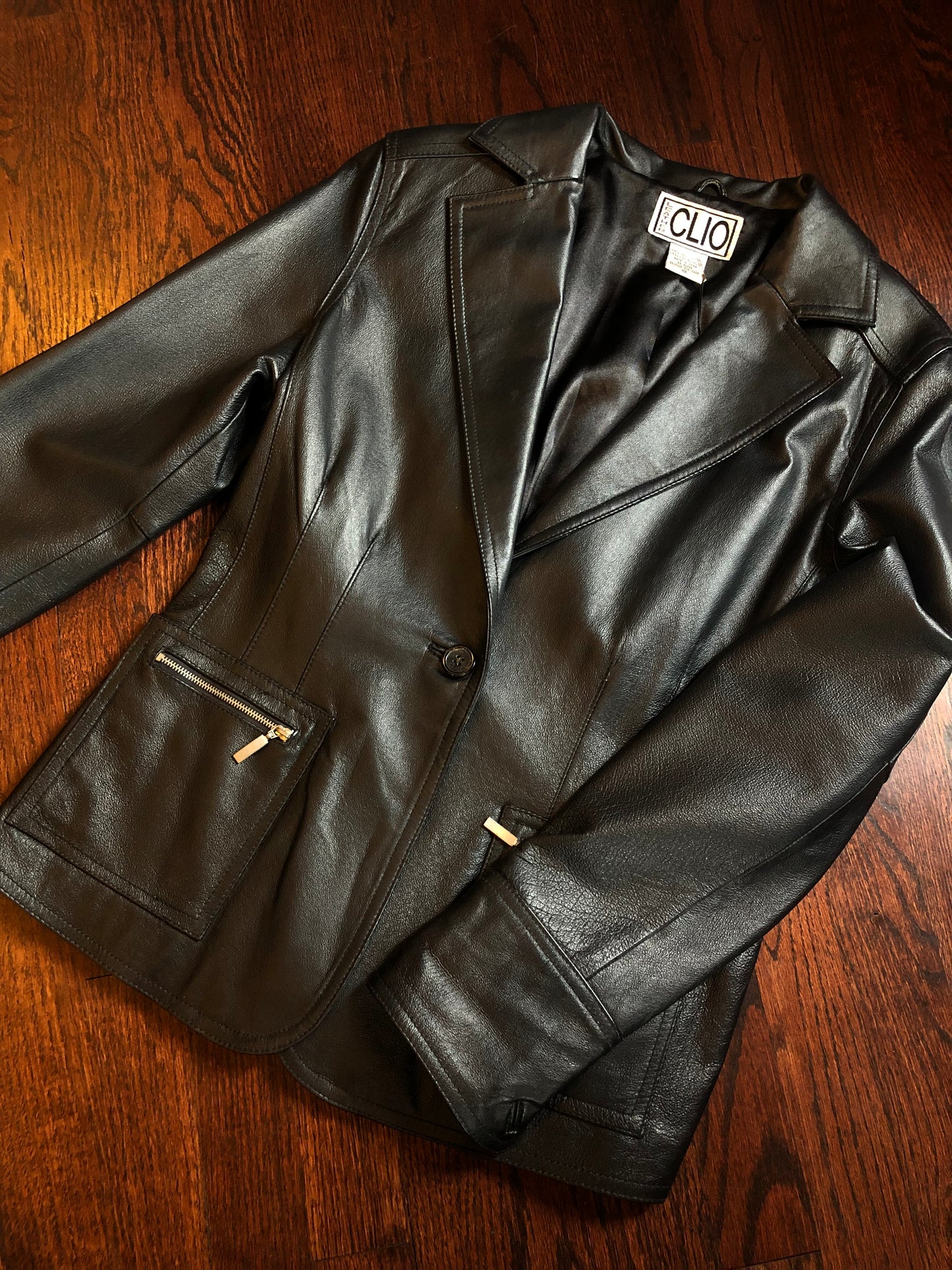 Vintage Clio Black Leather Zipper Pocket Blazer