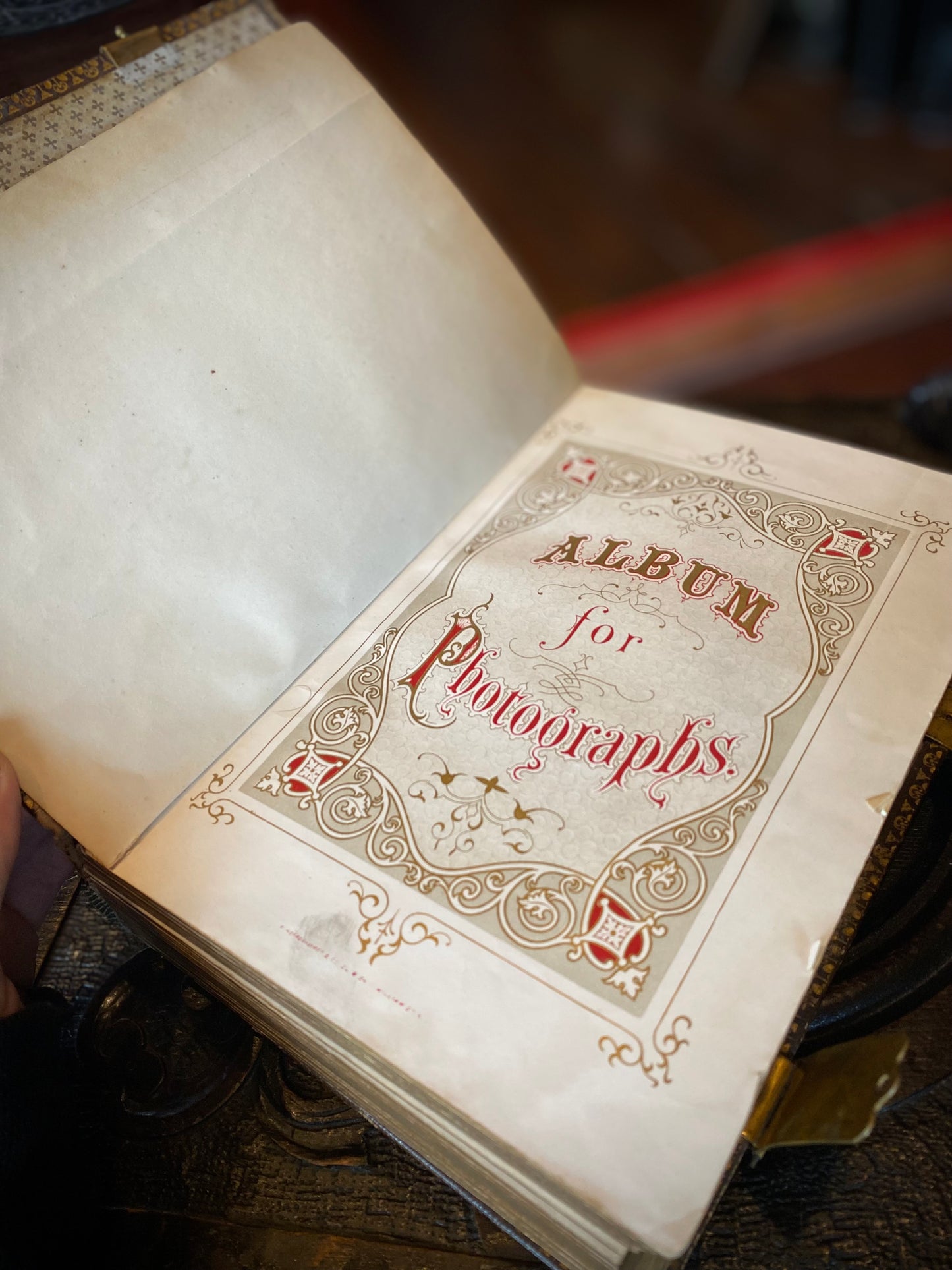 Ornate Leather Hard Cover Antique Photo Album With Victorian Photos Inside