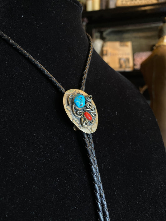 Ornate Silver Turquoise and Red Coral Bolo Tie