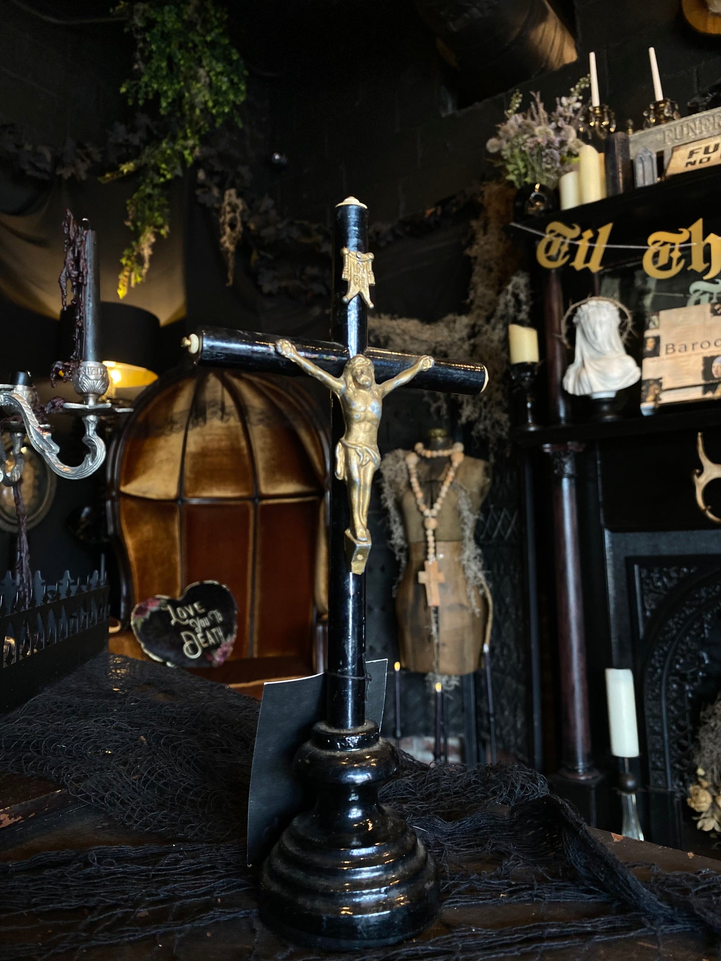 Vintage Black and Gold Crucifix Statue