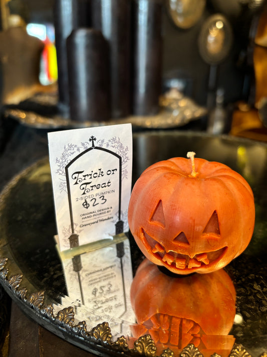 Graveyard Wanders Trick or Treat two sided pumpkin candle