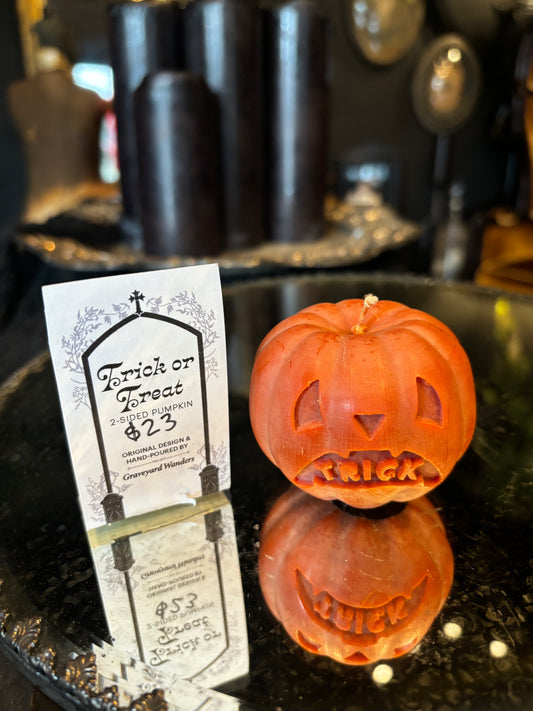 Graveyard Wanders Trick or Treat two sided pumpkin candle