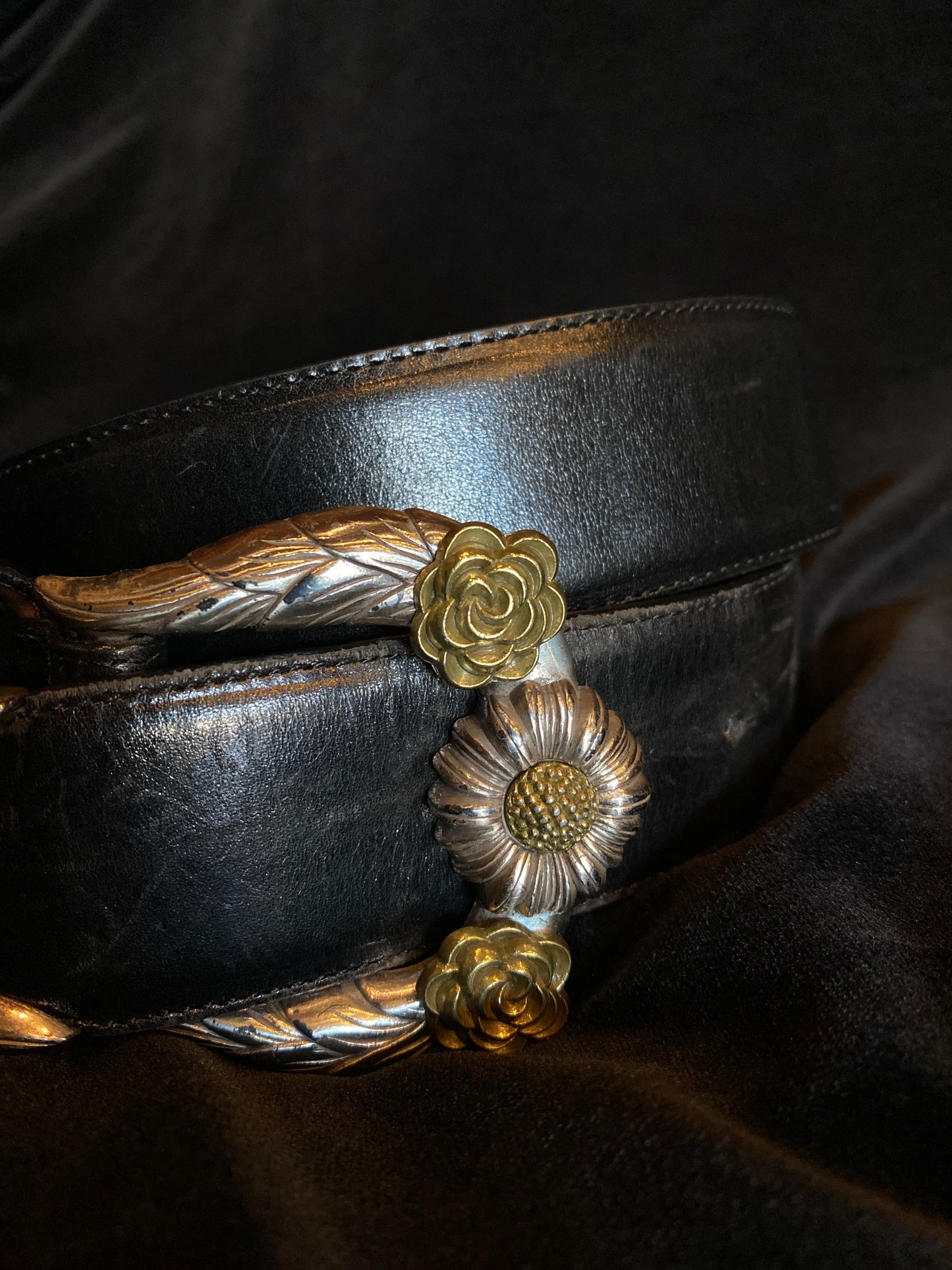 Brighton Black Leather Belt with Silver and Gold Floral Buckle