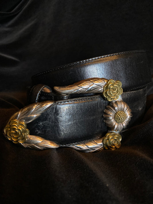 Brighton Black Leather Belt with Silver and Gold Floral Buckle