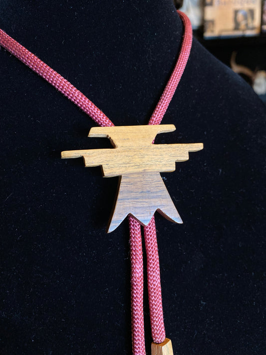 Wooden Geometric Aztec Pendant Red Bolo Tie