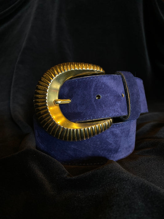 Blue Suede Belt with Gold Buckle