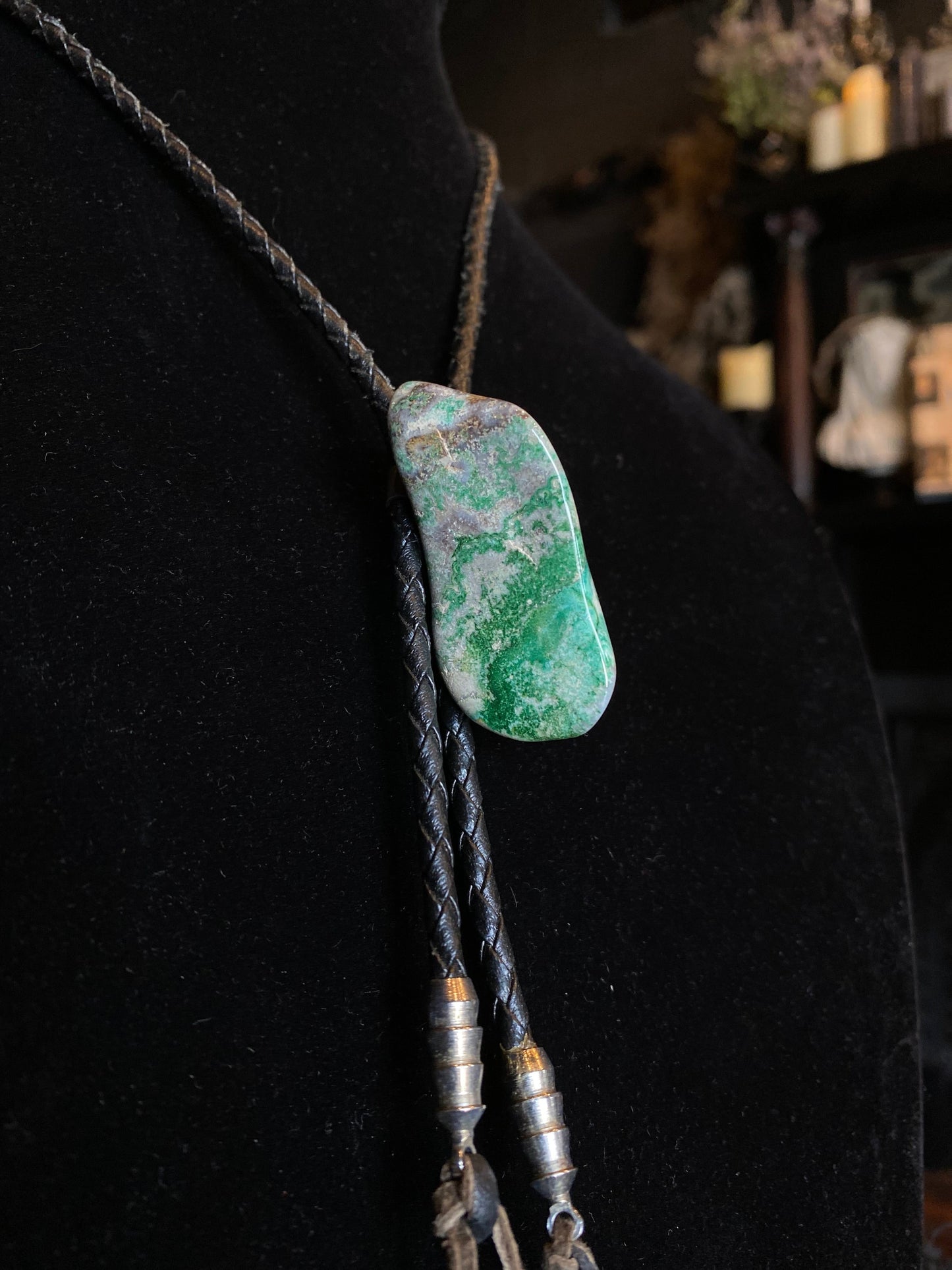 Moss Agate Stone Bolo Tie