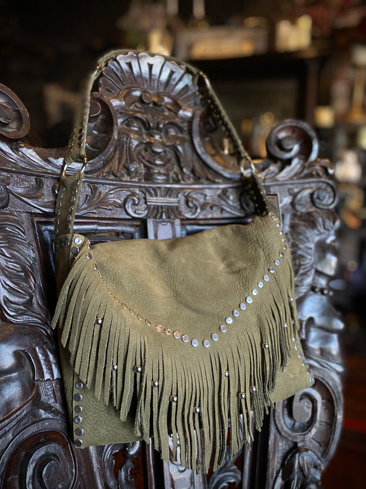 Heathen Hearts Leather Green Genuine Suede Studded Fringe Purse