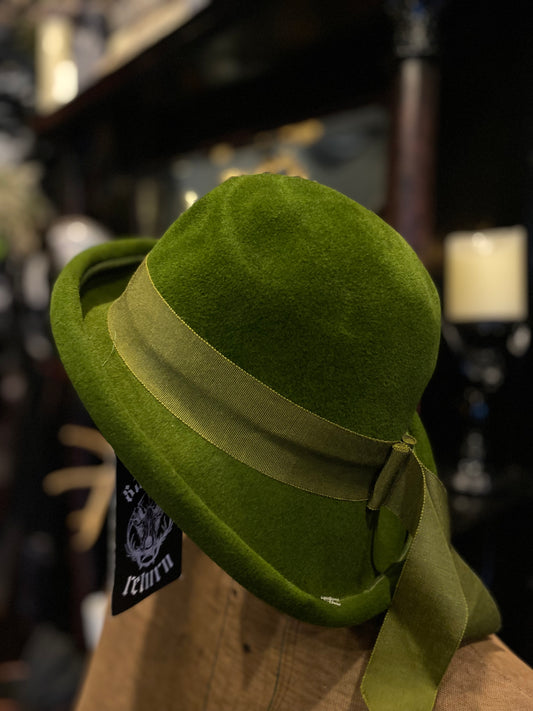 Green Velvet Banded Cloche Hat