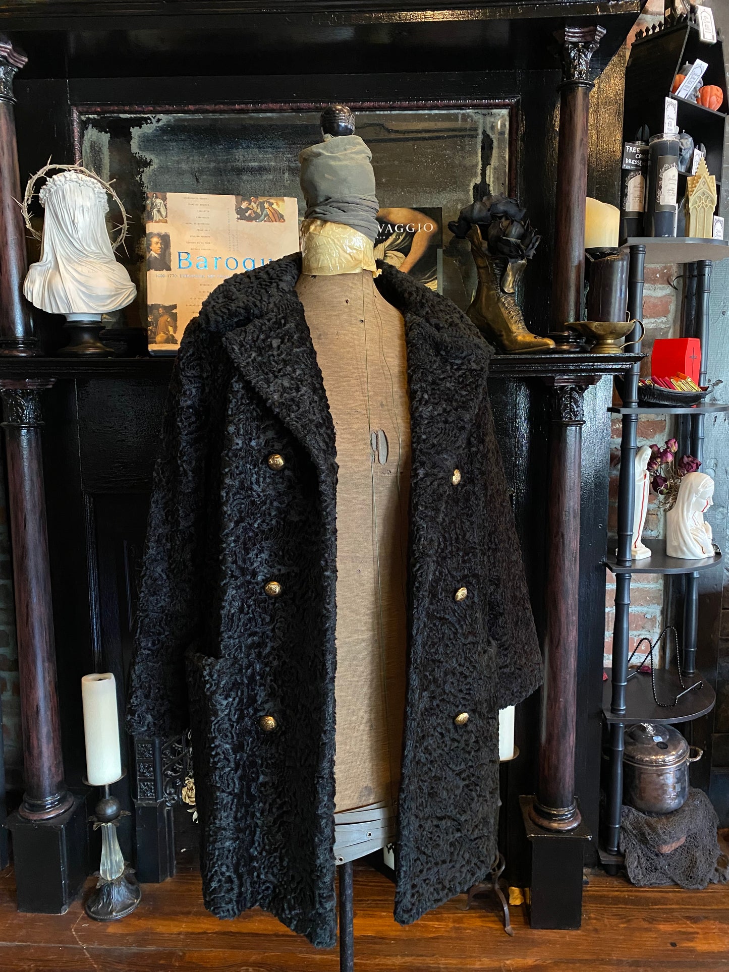 Black Textured Fur Double Breasted Coat