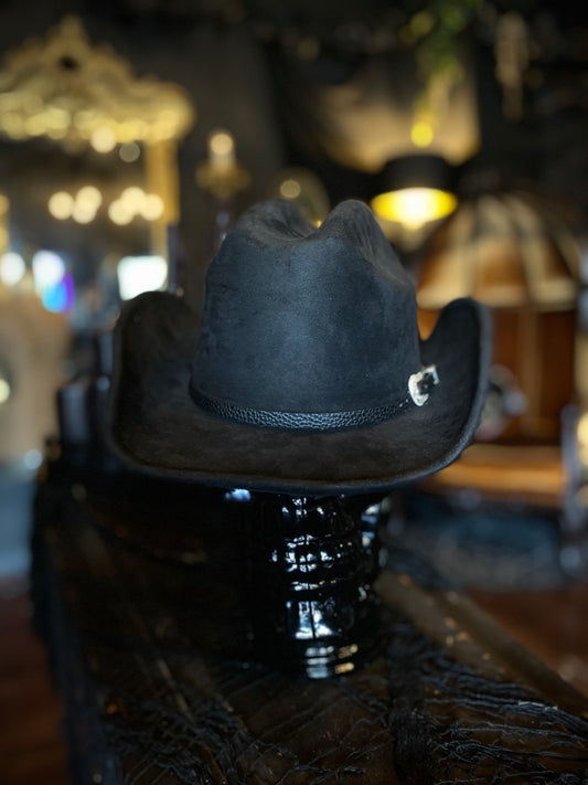 Belt Buckle Banded Black Suede Cowboy Hat