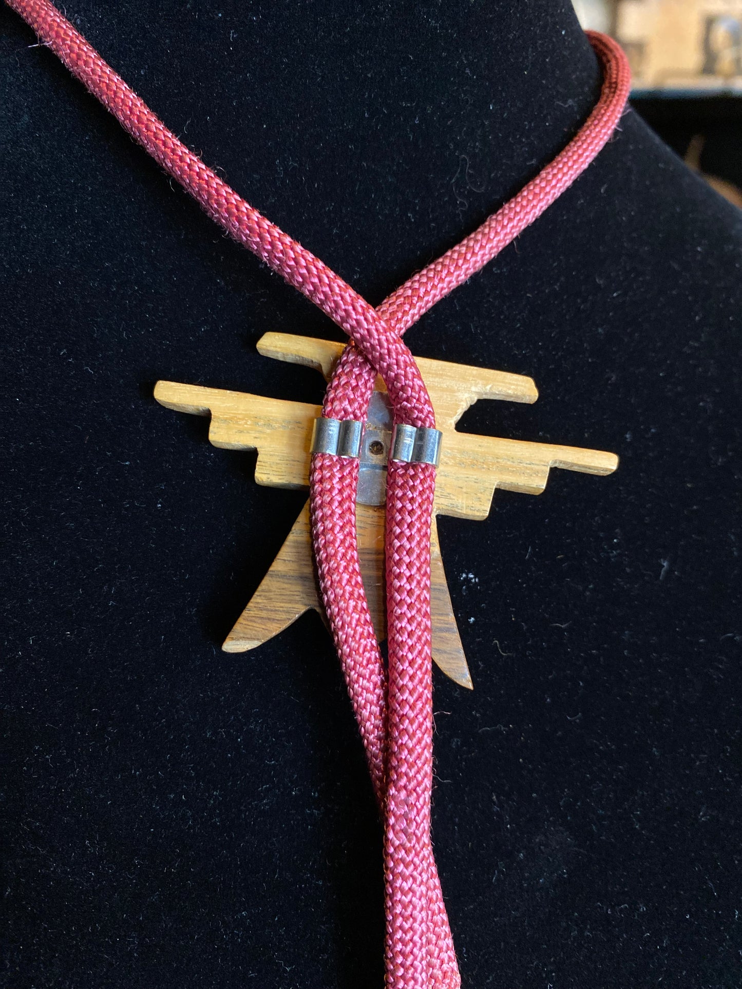 Wooden Geometric Aztec Pendant Red Bolo Tie