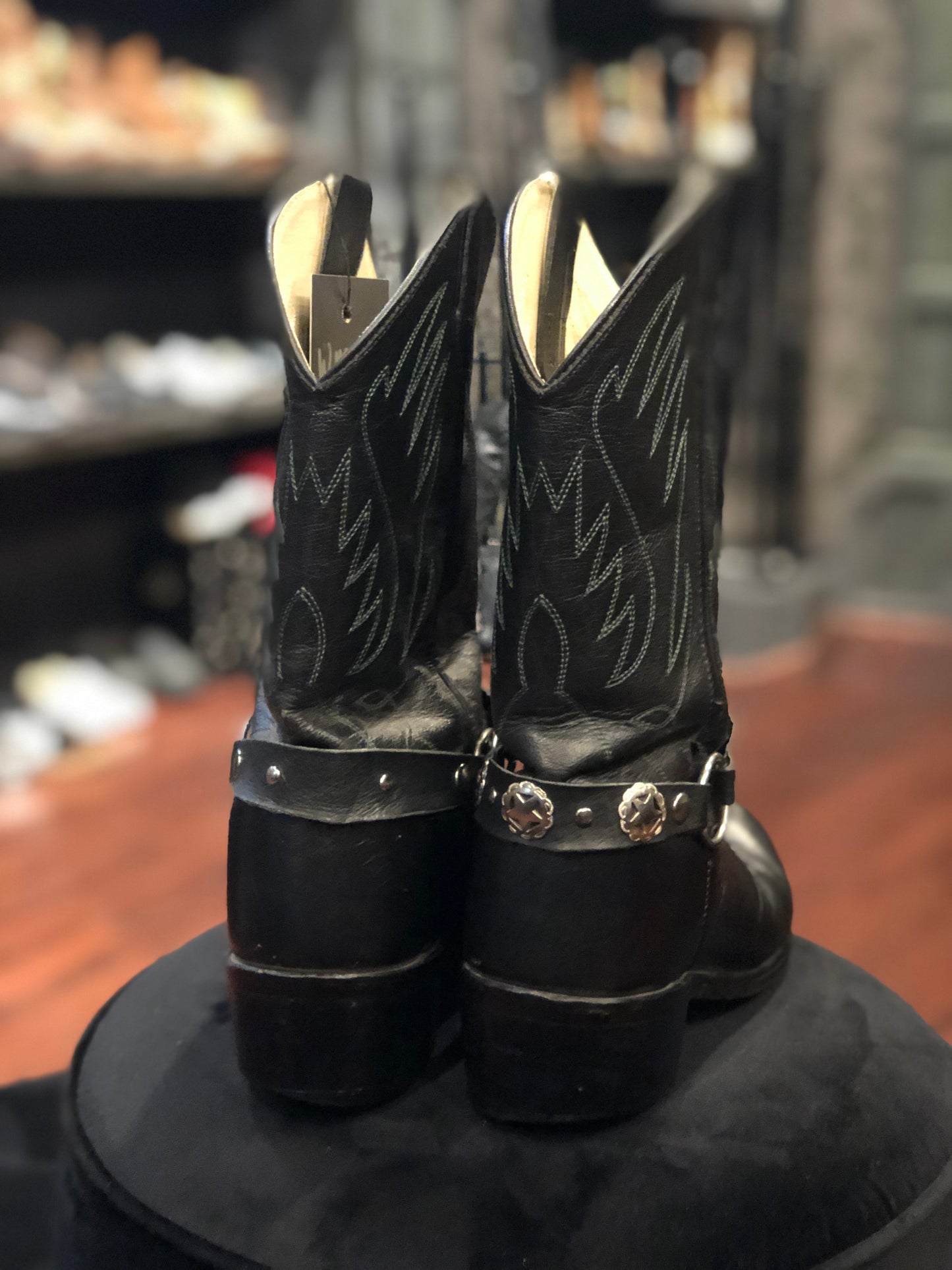 Old West Black Leather Moto Bootstrap Cowboy Boots