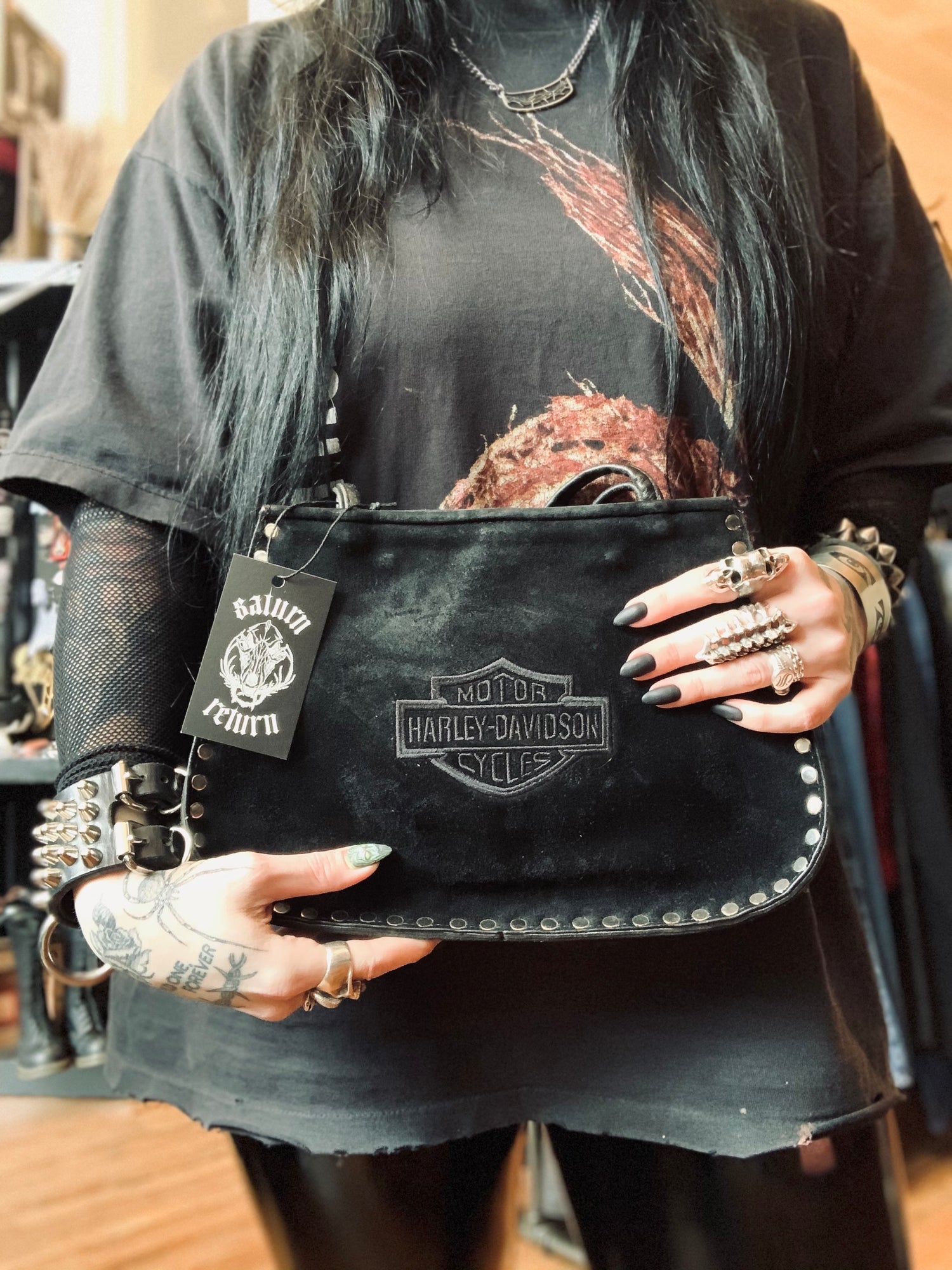 Harley-Davidson Large Black Leather Studded Shoulder Bag
