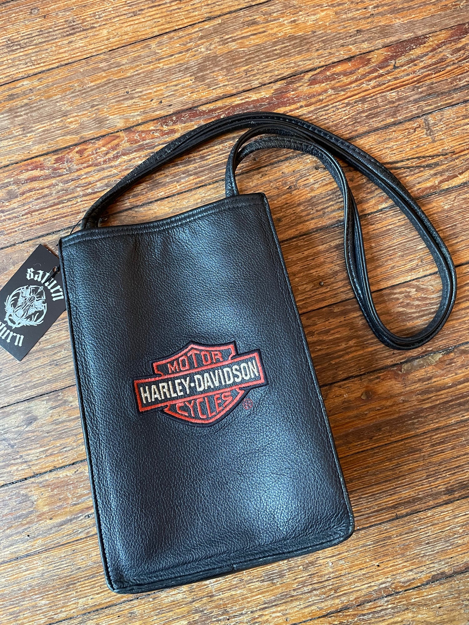 (V) Rare Vintage Harley Davidson Black Leather Shoulder Bag Purse Orange  Logo