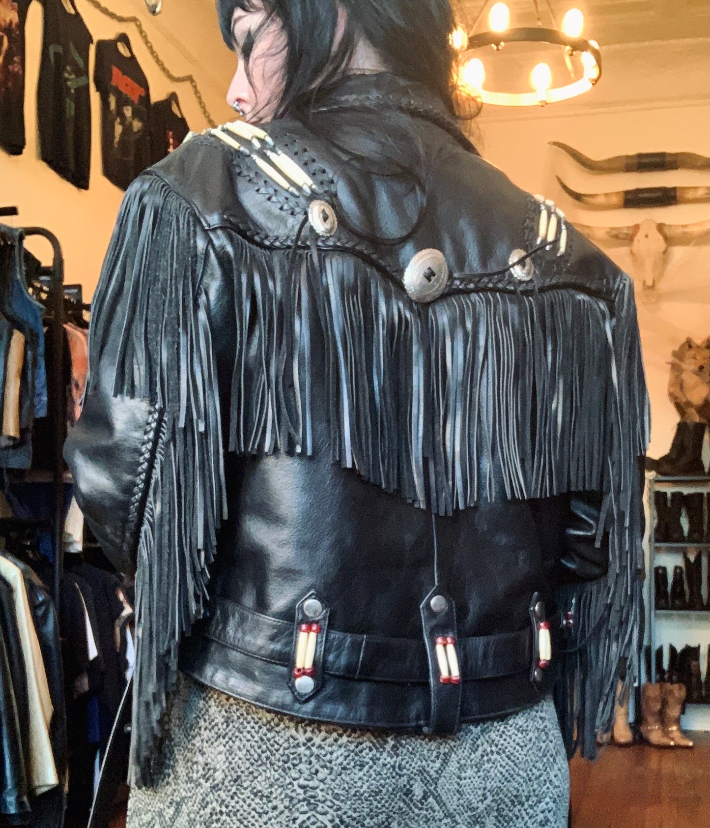 Vintage Leather Beaded Southwest Concho Fringe Motorcycle Jacket